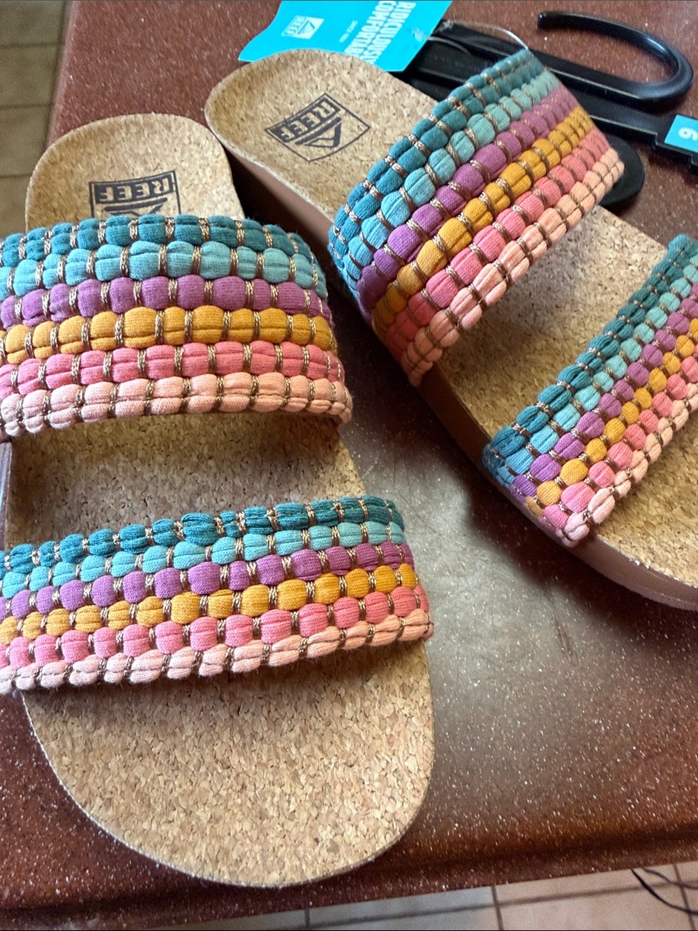 Reef Cushion Vista Cork Slide Sandals with Multicolor Braided Straps women’s 6 - Picture 2 of 6